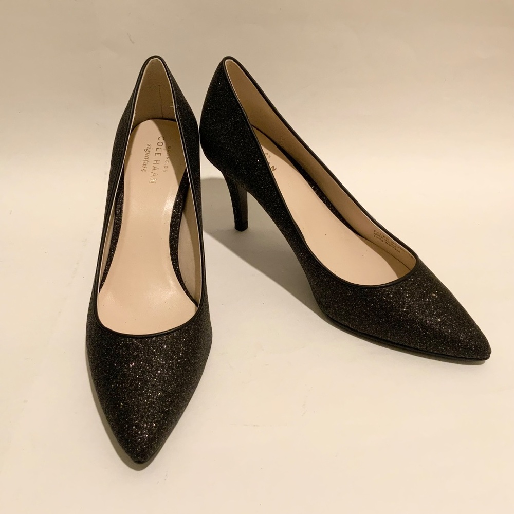 Cole Haan Juliana Pump 75 Black Glitter Leather Evening Dress Shoes Heels 7 M - Picture 11 of 12